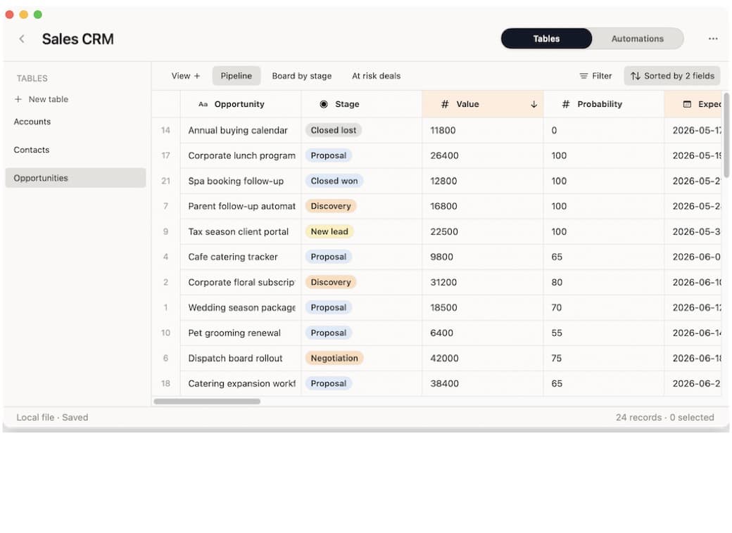 Macrows table view showing a structured workflow grid with fields and records