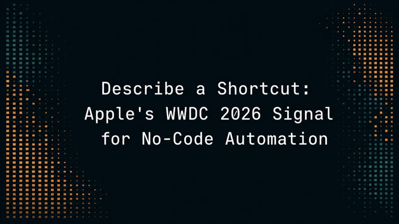 Ink-teal Macrows title card with copper square-dot side rails and the centered white Describe a Shortcut article title.