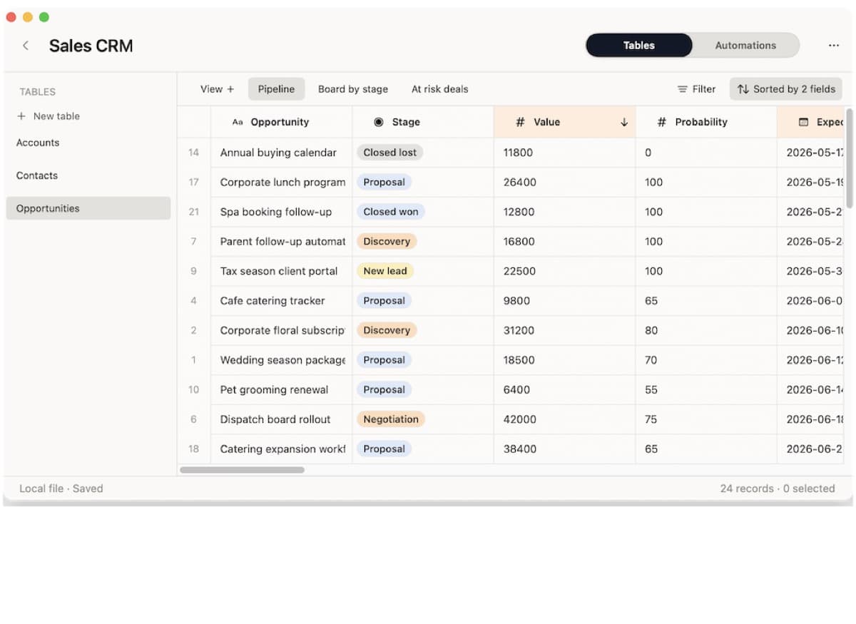 Macrows table view showing a structured grid with multiple tables and saved views