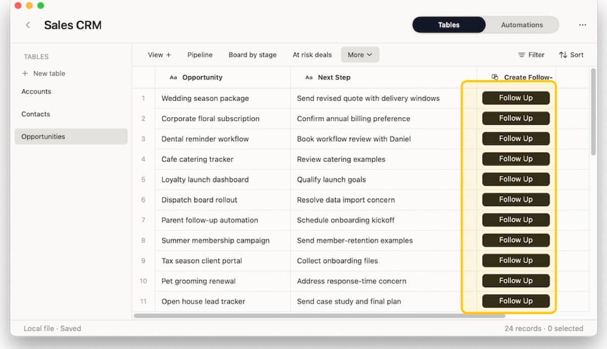 Macrows table showing browser follow-up rows and row action buttons
